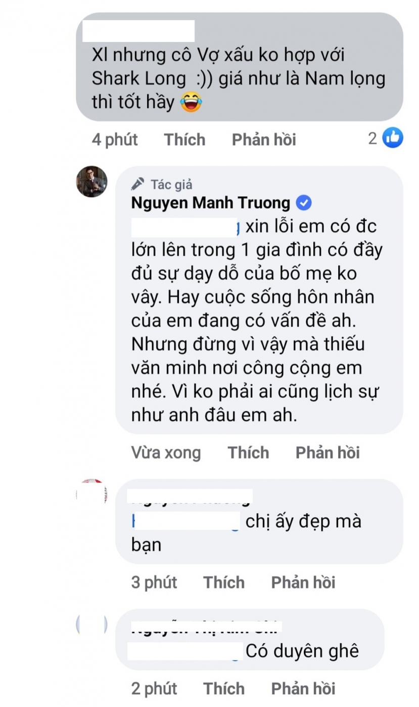 Mạnh Trường không hài lòng với một bình luận kém duyên khi so sánh bà xã của mình với người tình màn ảnh Phương Oanh. Mạnh Trường không hài lòng với một bình luận kém duyên khi so sánh bà xã của mình với người tình màn ảnh Phương Oanh.