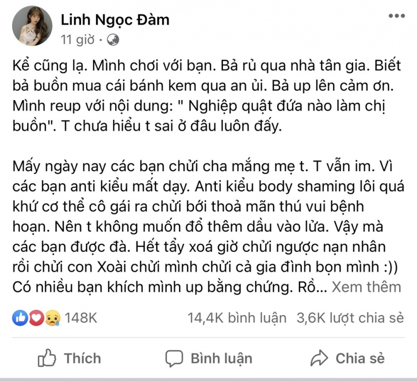 Dòng trạng thái bức xúc của Linh Ngọc Đàm trên trang cá nhân. Ảnh: Facebook Dòng trạng thái bức xúc của Linh Ngọc Đàm trên trang cá nhân. Ảnh: Facebook