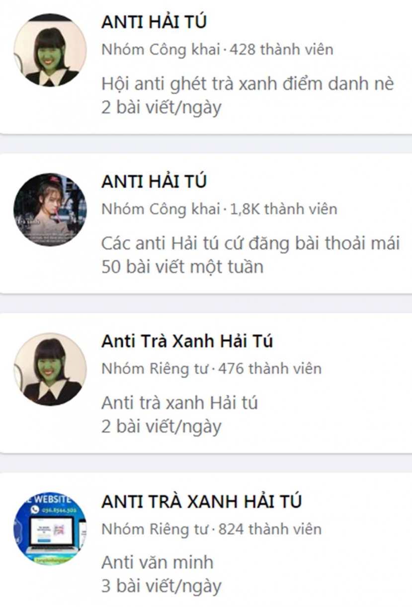 Các nhóm anti Hải Tú mọc lên như nấm. Ảnh: Facebook Các nhóm anti Hải Tú mọc lên như nấm. Ảnh: Facebook