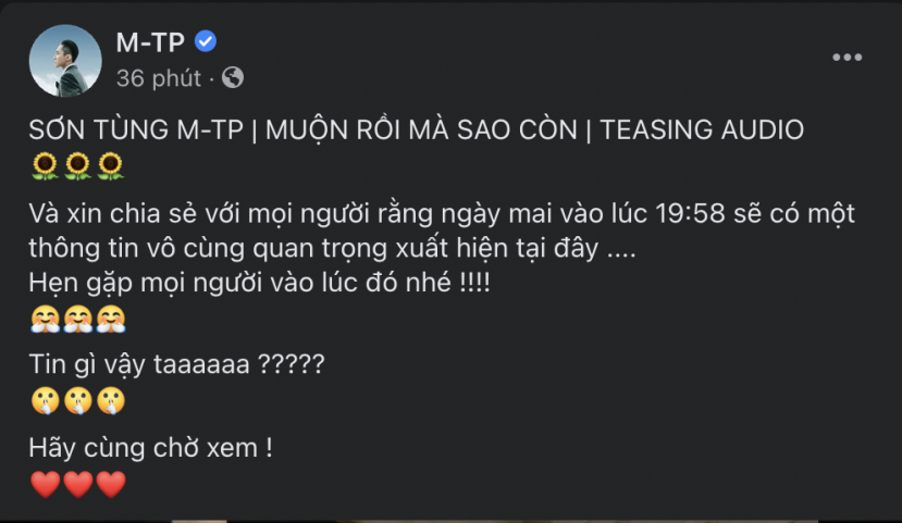 Dòng trạng thái gây chú ý của Sơn Tùng mới đây. Ảnh: Facebook Dòng trạng thái gây chú ý của Sơn Tùng mới đây. Ảnh: Facebook