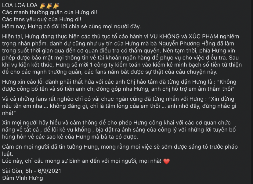 Đàm Vĩnh Hưng cáo lỗi với người hâm mộ để thực hiện cuộc chiến 'đi tìm lại công lý' cho chính mình. Ảnh: Facebook Đàm Vĩnh Hưng cáo lỗi với người hâm mộ để thực hiện cuộc chiến 'đi tìm lại công lý' cho chính mình. Ảnh: Facebook