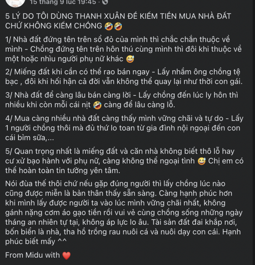Dòng trạng của Midu mới đây thu hút sự chú ý. Ảnh: Facebook Dòng trạng của Midu mới đây thu hút sự chú ý. Ảnh: Facebook