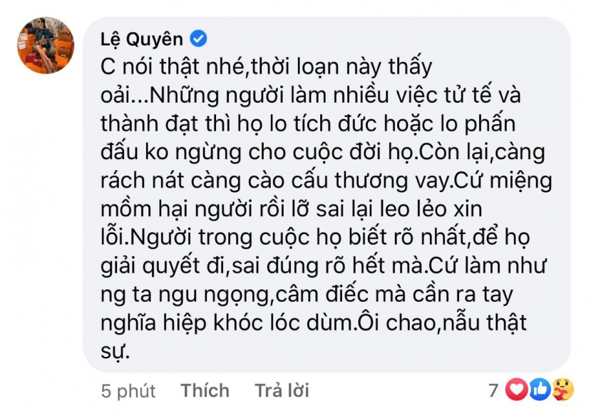 Lệ Quyên thẳng thắn vạch mặt cựu mẫu 'Cứ miệng mồm hại người, sai lại leo lẻo xin lỗi' khi nói về sự việc của Hồ Văn Cường. Ảnh: Facebook Lệ Quyên thẳng thắn vạch mặt cựu mẫu 'Cứ miệng mồm hại người, sai lại leo lẻo xin lỗi' khi nói về sự việc của Hồ Văn Cường. Ảnh: Facebook