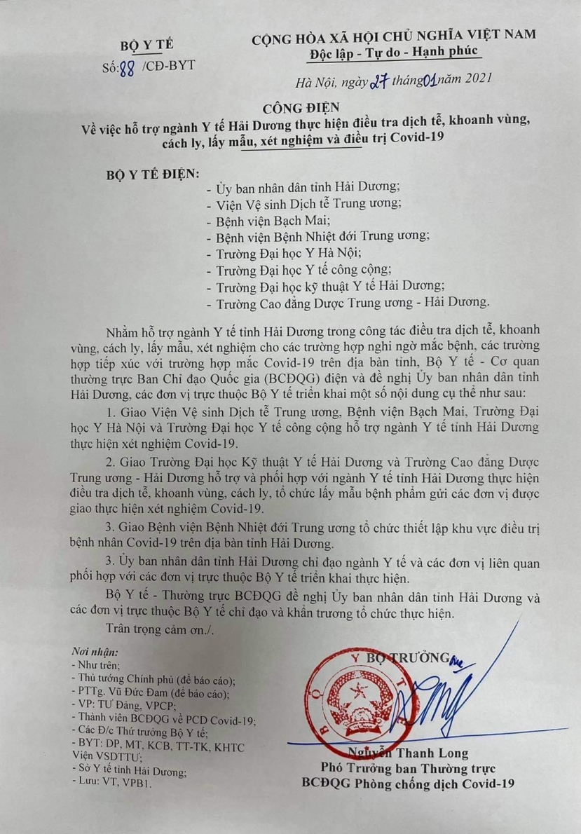 Công điện của Bộ Y tế gửi UBND tỉnh Hải Dương,. Ảnh: BYT Công điện của Bộ Y tế gửi UBND tỉnh Hải Dương,. Ảnh: BYT