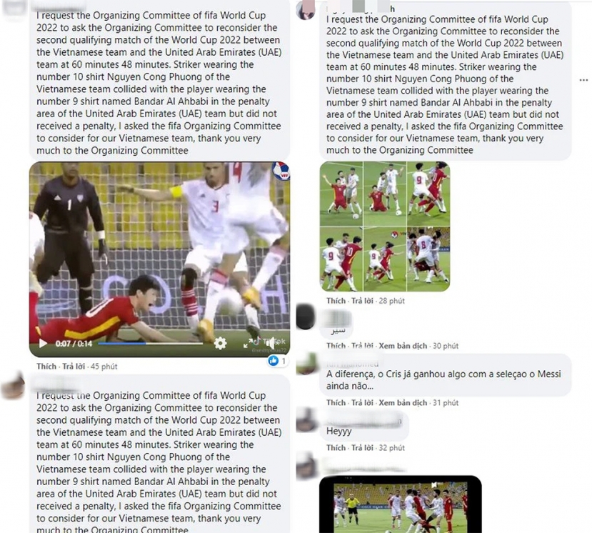 Các bình luận spam xuất hiện trên page FIFA World Cup yêu cầu xem lại tình huống của Công Phượng. Các bình luận spam xuất hiện trên page FIFA World Cup yêu cầu xem lại tình huống của Công Phượng.