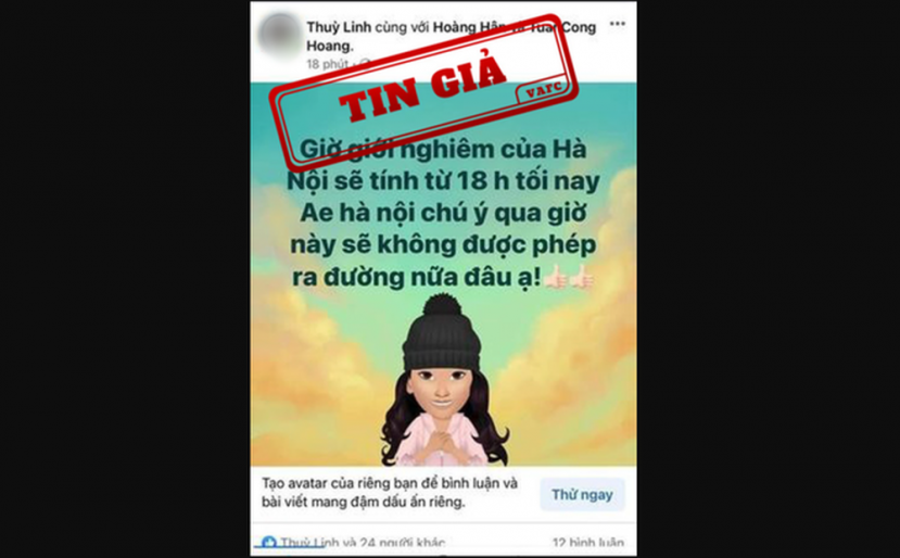 Trung tâm xử lý tin giả Việt Nam khẳng định, thông tin về việc áp dụng giờ giới nghiêm Hà Nội từ 18h tối 29/7 là tin giả. Ảnh: FB Trung tâm xử lý tin giả Việt Nam khẳng định, thông tin về việc áp dụng giờ giới nghiêm Hà Nội từ 18h tối 29/7 là tin giả. Ảnh: FB