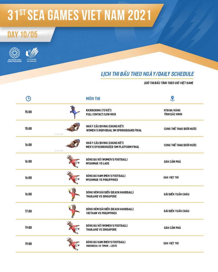 SEA Games 31: Lịch thi đấu của đoàn thể thao Việt Nam ngày 10/5, kỳ vọng vào bóng ném bãi biển - Ảnh 2 SEA Games 31: Lịch thi đấu của đoàn thể thao Việt Nam ngày 10/5, kỳ vọng vào bóng ném bãi biển - Ảnh 2