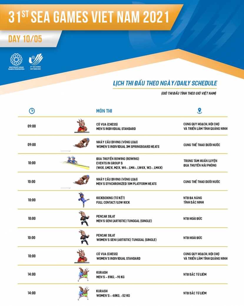 SEA Games 31: Lịch thi đấu của đoàn thể thao Việt Nam ngày 10/5, kỳ vọng vào bóng ném bãi biển - Ảnh 1 SEA Games 31: Lịch thi đấu của đoàn thể thao Việt Nam ngày 10/5, kỳ vọng vào bóng ném bãi biển - Ảnh 1