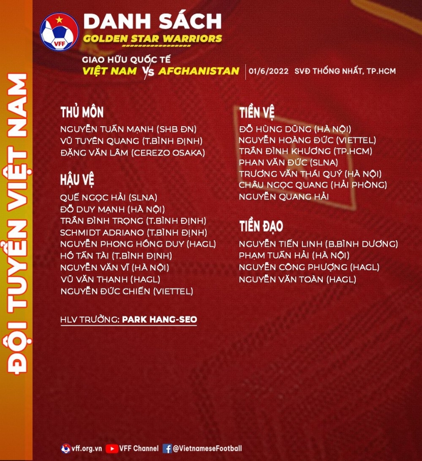 Danh sách ĐT Việt Nam chuẩn bị cho trận giao hữu với ĐT Afghanistan. Ảnh: VFF Danh sách ĐT Việt Nam chuẩn bị cho trận giao hữu với ĐT Afghanistan. Ảnh: VFF