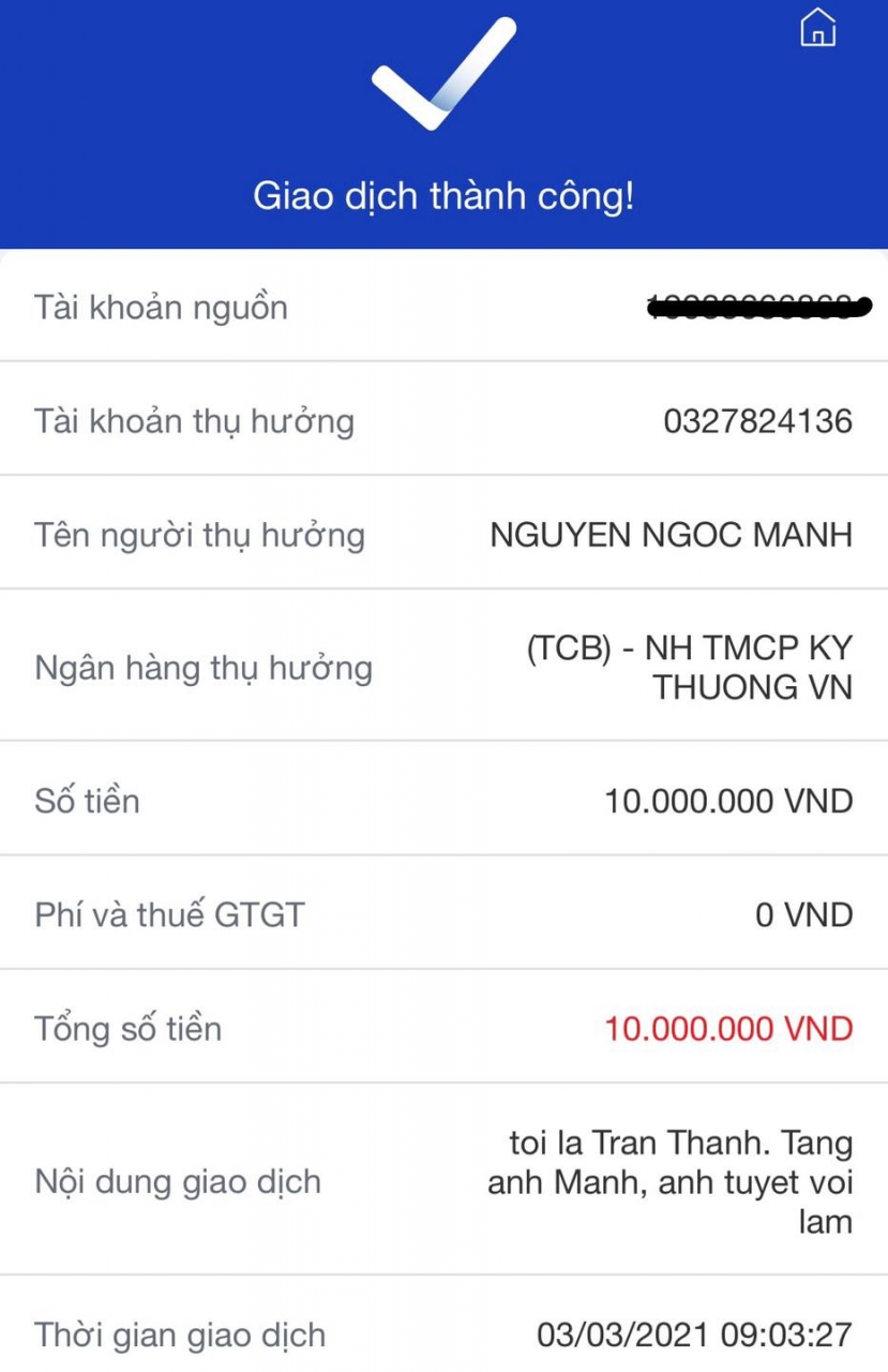 MC Trấn Thành chuyển tặng số tiền 10 triệu đồng đến anh Mạnh. Ảnh: Internet MC Trấn Thành chuyển tặng số tiền 10 triệu đồng đến anh Mạnh. Ảnh: Internet