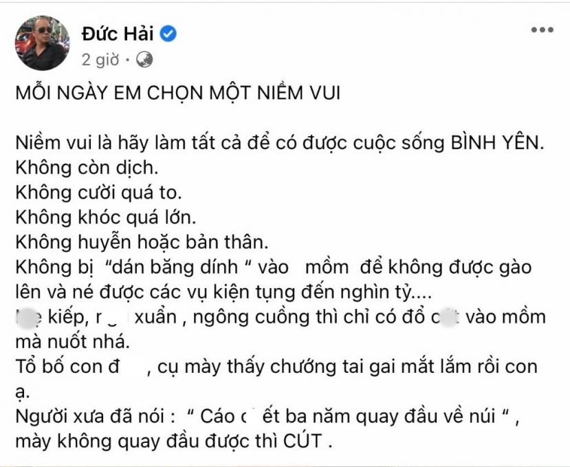 Dòng trạng thái gây tranh cãi của nghệ sĩ Đức Hải. Ảnh: Internet Dòng trạng thái gây tranh cãi của nghệ sĩ Đức Hải. Ảnh: Internet