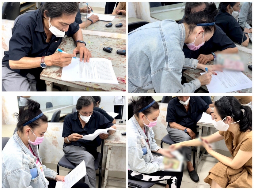 Trịnh Kim Chi trao trả tiền bảo hiểm của con gái cho vợ chồng NS Thương Tín. Ảnh: NVCC Trịnh Kim Chi trao trả tiền bảo hiểm của con gái cho vợ chồng NS Thương Tín. Ảnh: NVCC