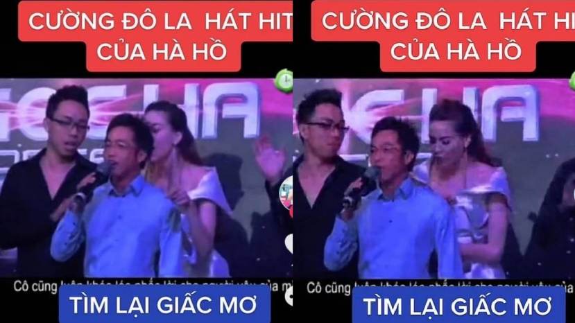 Hồ Ngọc Hà khéo léo 'nhắc bài' cho Cường Đôla trên sân khấu. Ảnh: Internet Hồ Ngọc Hà khéo léo 'nhắc bài' cho Cường Đôla trên sân khấu. Ảnh: Internet