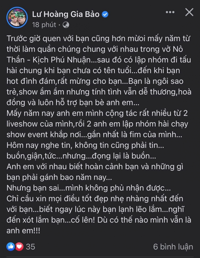 Bài đăng gây xôn xao của Gia Bảo. Ảnh: FBNV Bài đăng gây xôn xao của Gia Bảo. Ảnh: FBNV