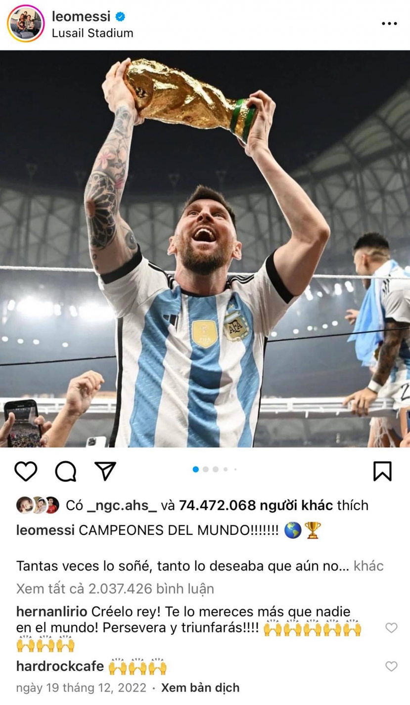 Bức ảnh Messi nâng chiếc cup pha-ke lập kỷ lục trên Instagram. Ảnh: Instagram NV Bức ảnh Messi nâng chiếc cup pha-ke lập kỷ lục trên Instagram. Ảnh: Instagram NV