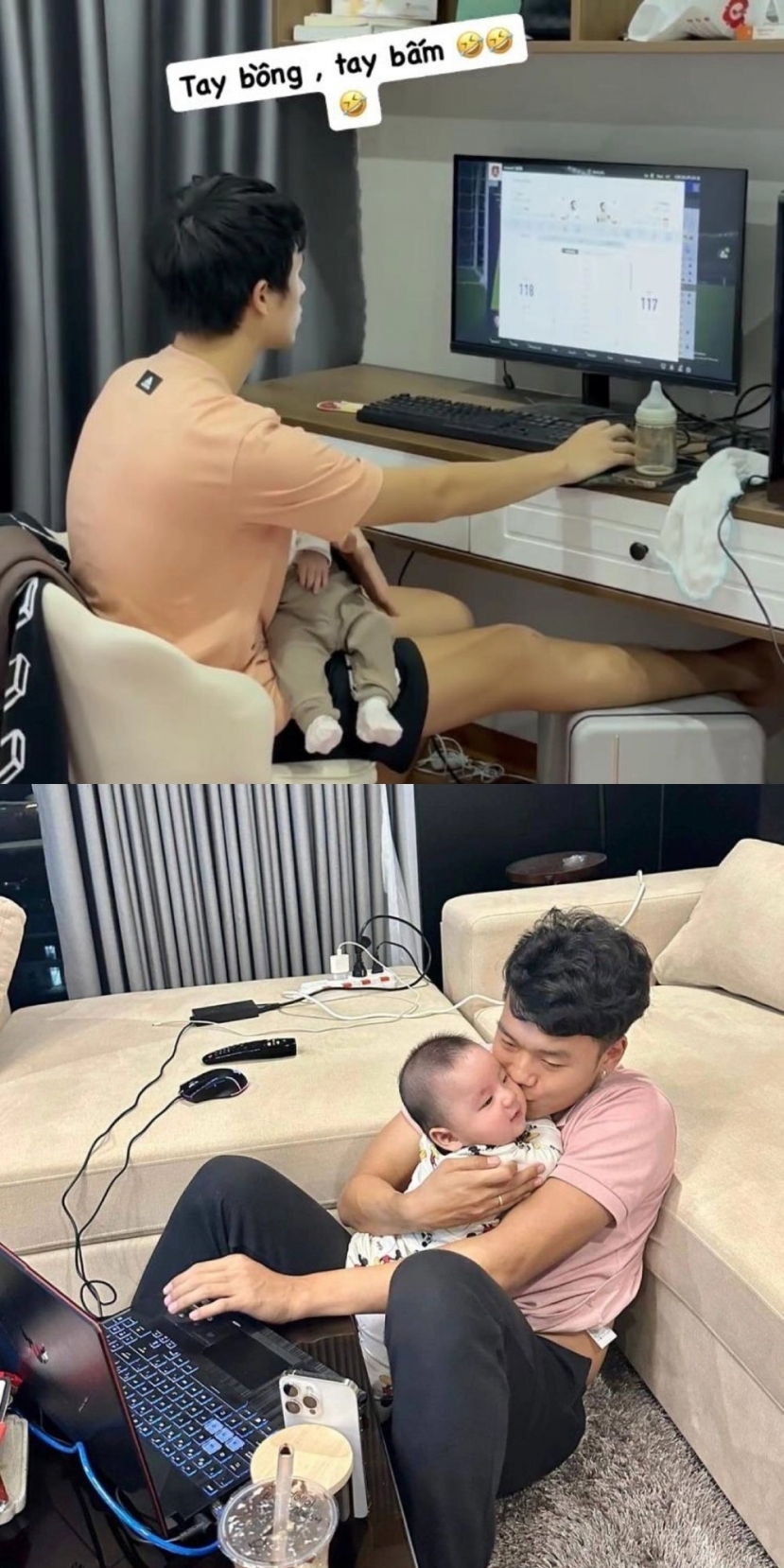 Đình Trọng cùng Thành Chung vừa chươi game vừa chơi đùa cùng con Đình Trọng cùng Thành Chung vừa chươi game vừa chơi đùa cùng con