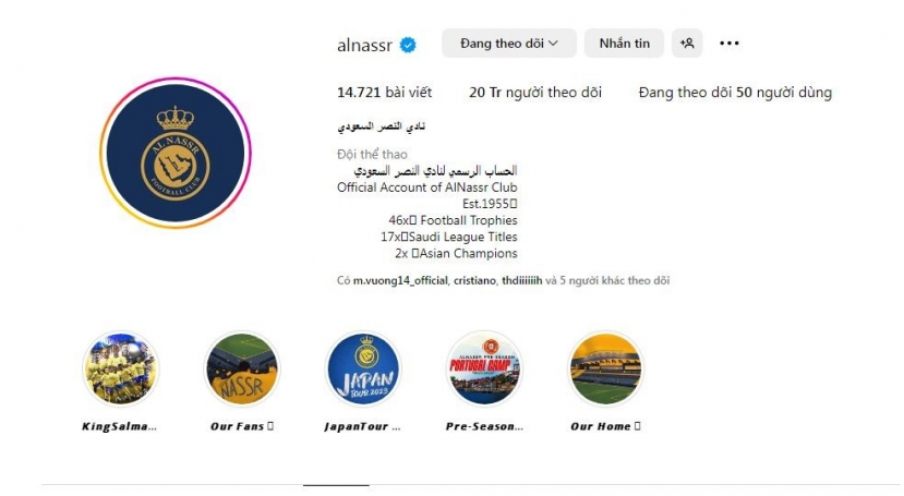 Trang Instagram của Al Nassr chạm mốc 20 triệu lượt theo dõi Trang Instagram của Al Nassr chạm mốc 20 triệu lượt theo dõi