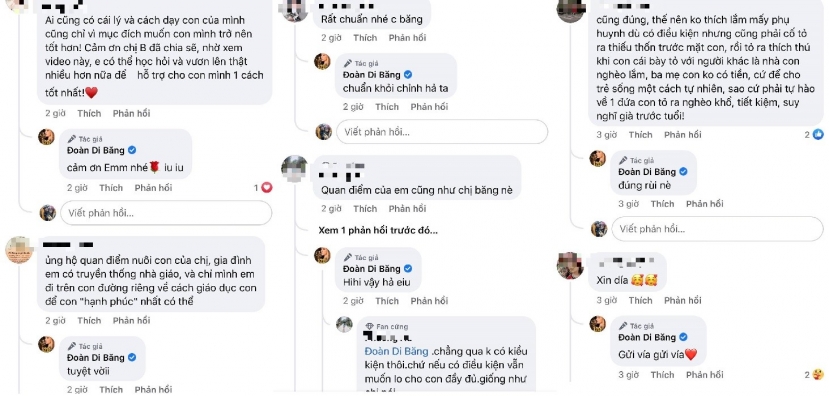Người hâm mộ ủng hộ quan điểm dạy con của Đoàn Di Băng. Ảnh chụp màn hình Người hâm mộ ủng hộ quan điểm dạy con của Đoàn Di Băng. Ảnh chụp màn hình