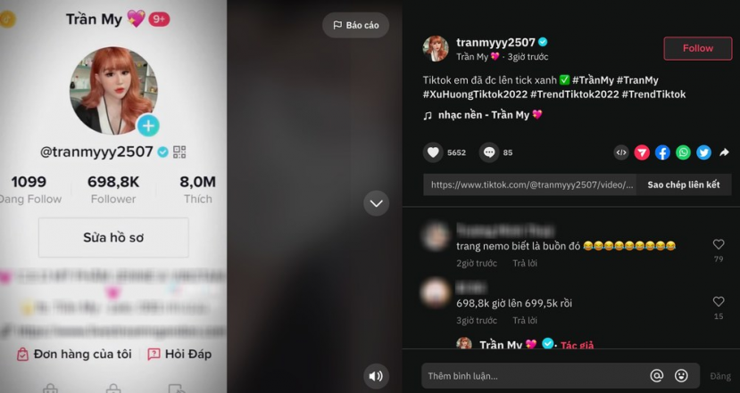 Hotgirl Trần My vui mừng báo tin vui khi tài khoản tiktok đã được tick xanh. Ảnh chụp màn hình Hotgirl Trần My vui mừng báo tin vui khi tài khoản tiktok đã được tick xanh. Ảnh chụp màn hình