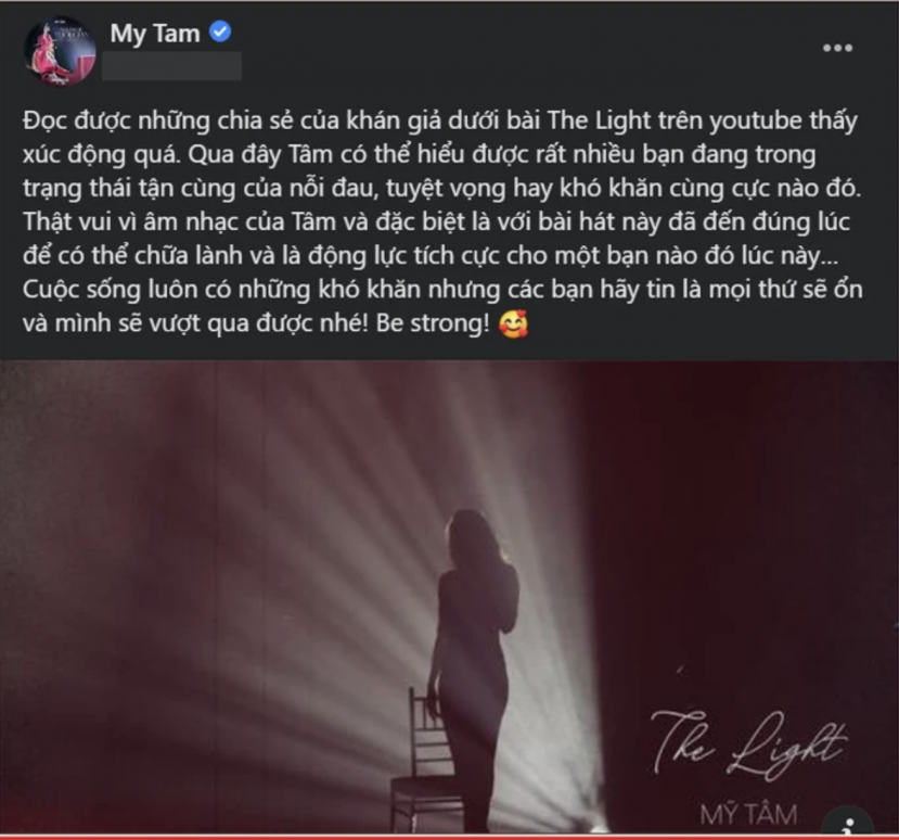 Dòng chia sẻ của Mỹ Tâm nhanh chóng thu hút sự chú ý của dân tình. Ảnh: Facebook Dòng chia sẻ của Mỹ Tâm nhanh chóng thu hút sự chú ý của dân tình. Ảnh: Facebook