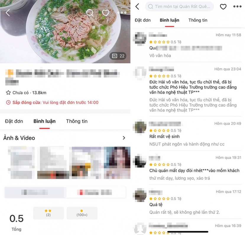 Người dùng ồ ạt vào ứng dụng đặt đồ ăn và vote 1 sao cho quán phở của Đức Hải. Ảnh: Internet Người dùng ồ ạt vào ứng dụng đặt đồ ăn và vote 1 sao cho quán phở của Đức Hải. Ảnh: Internet