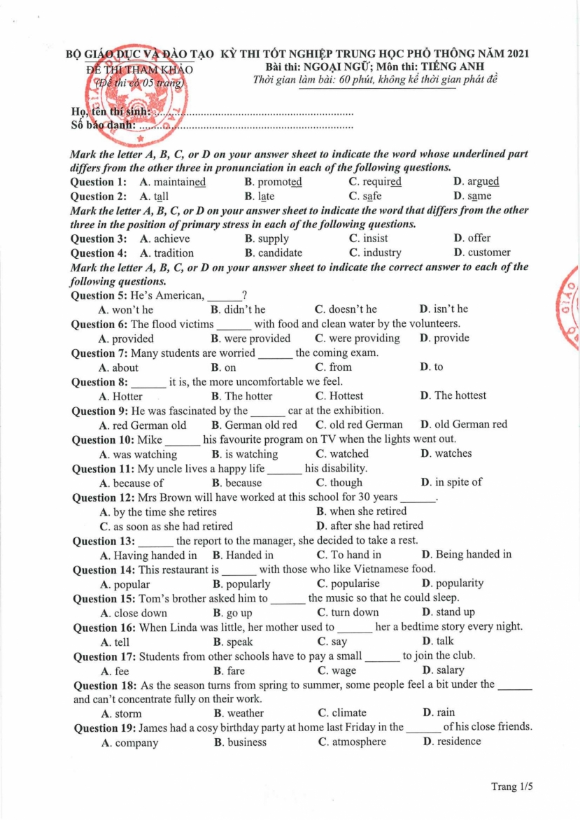 Đáp án môn Tiếng Anh mã đề 411 kì thi THPT Quốc gia 2021 - Ảnh 1 Đáp án môn Tiếng Anh mã đề 411 kì thi THPT Quốc gia 2021 - Ảnh 1