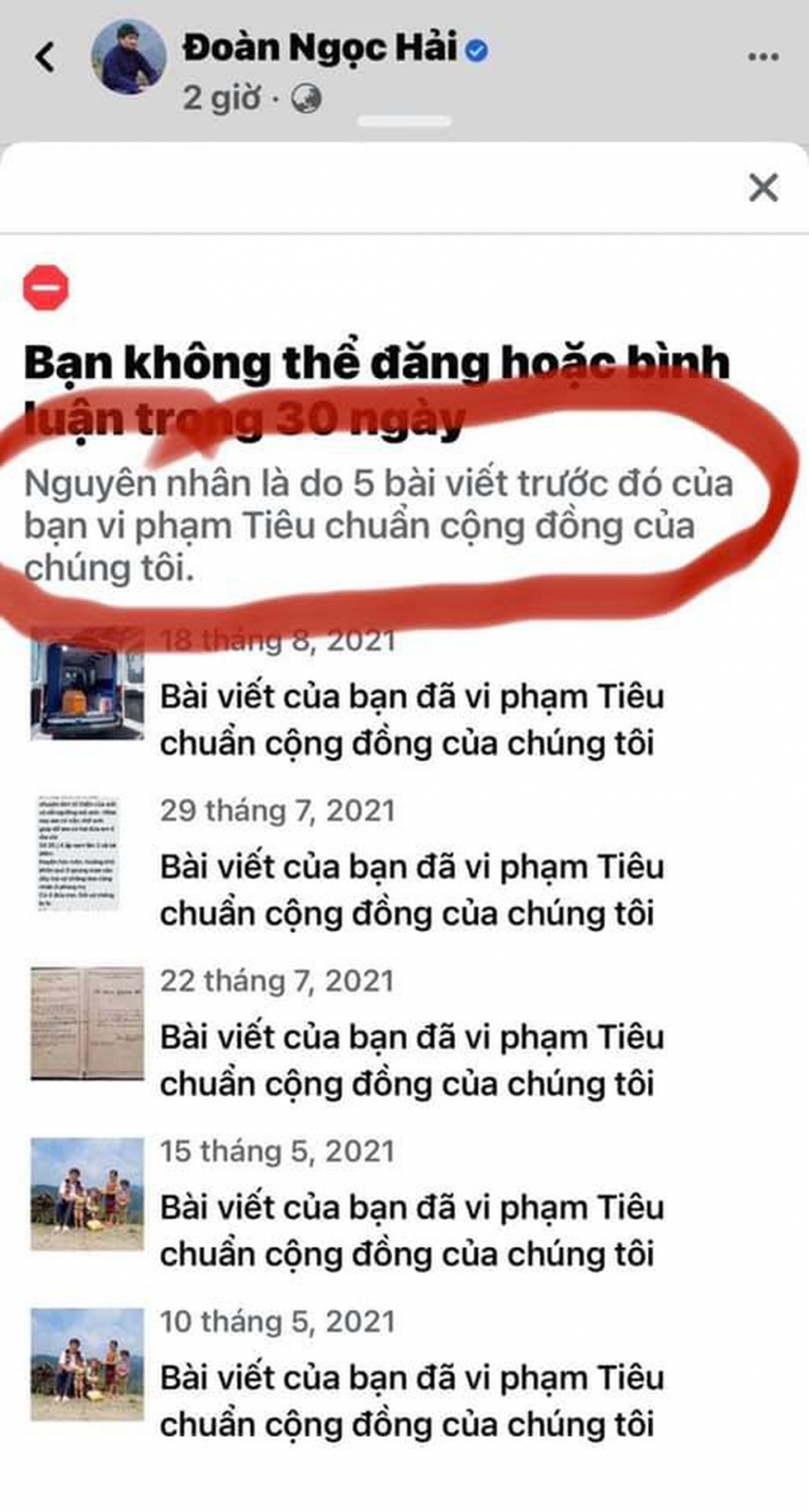 Dòng thông báo bị khóa Facebook của ông Đoàn Ngọc Hải Dòng thông báo bị khóa Facebook của ông Đoàn Ngọc Hải