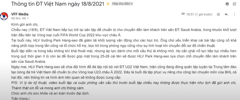 Bức email của bộ phận truyền thông LĐBĐ Việt Nam gửi đến các phóng viên tác nghiệp về sự cố ngày 18/8. Bức email của bộ phận truyền thông LĐBĐ Việt Nam gửi đến các phóng viên tác nghiệp về sự cố ngày 18/8.