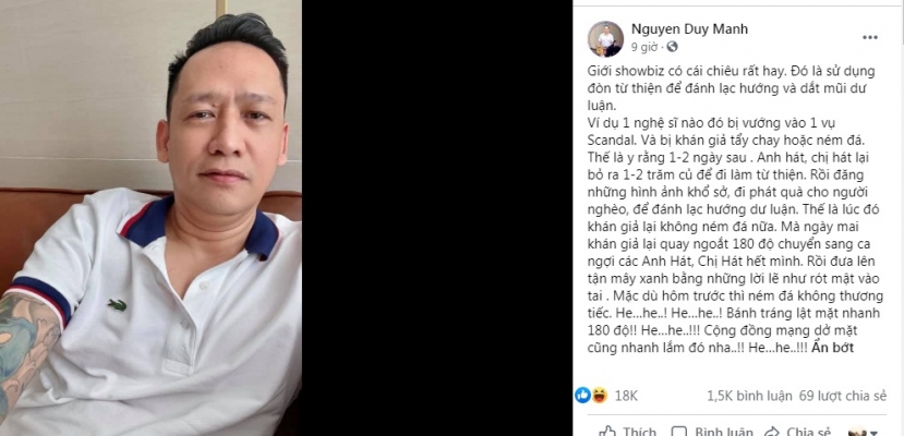 Duy Mạnh bóc trần bộ mặt thật của showbiz. Ảnh: FBNV Duy Mạnh bóc trần bộ mặt thật của showbiz. Ảnh: FBNV