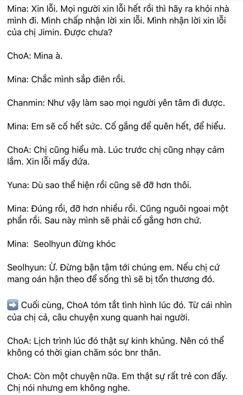 Dispatch khui toàn bộ hội thoại trong buổi gặp mặt AOA: Mina trở thành kẻ cố chấp thích đóng vai nạn nhân - Ảnh 13 Dispatch khui toàn bộ hội thoại trong buổi gặp mặt AOA: Mina trở thành kẻ cố chấp thích đóng vai nạn nhân - Ảnh 13