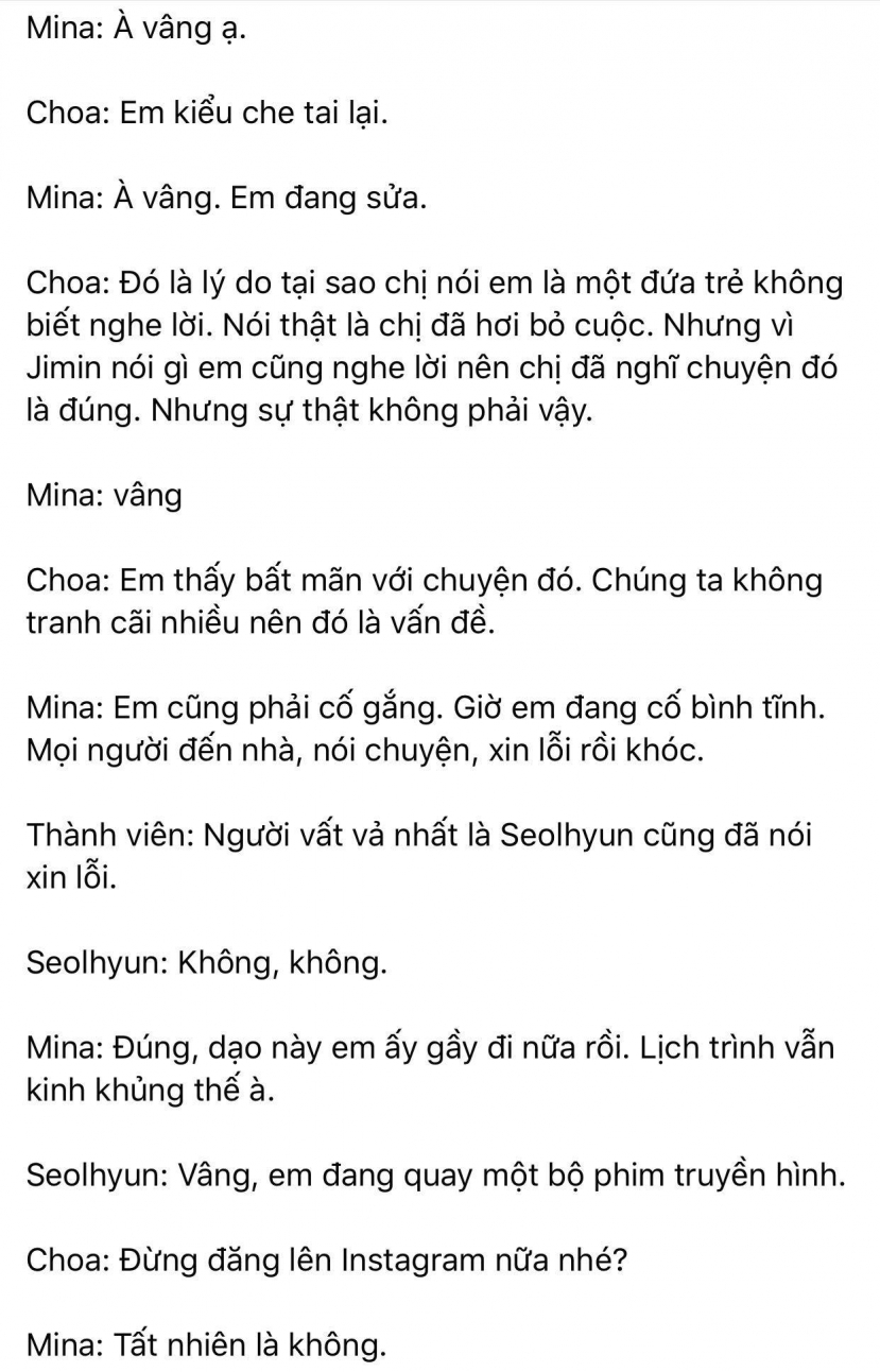 Dispatch khui toàn bộ hội thoại trong buổi gặp mặt AOA: Mina trở thành kẻ cố chấp thích đóng vai nạn nhân - Ảnh 14 Dispatch khui toàn bộ hội thoại trong buổi gặp mặt AOA: Mina trở thành kẻ cố chấp thích đóng vai nạn nhân - Ảnh 14