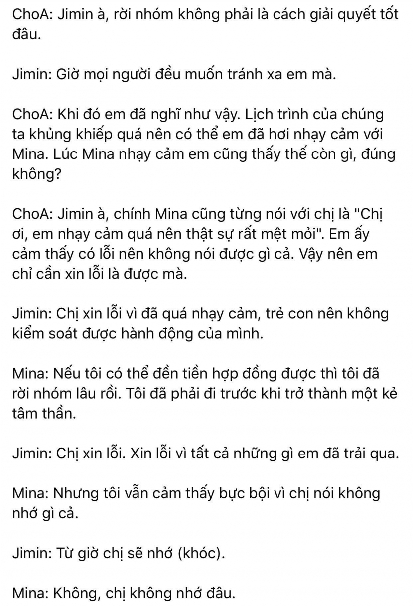 Dispatch khui toàn bộ hội thoại trong buổi gặp mặt AOA: Mina trở thành kẻ cố chấp thích đóng vai nạn nhân - Ảnh 9 Dispatch khui toàn bộ hội thoại trong buổi gặp mặt AOA: Mina trở thành kẻ cố chấp thích đóng vai nạn nhân - Ảnh 9