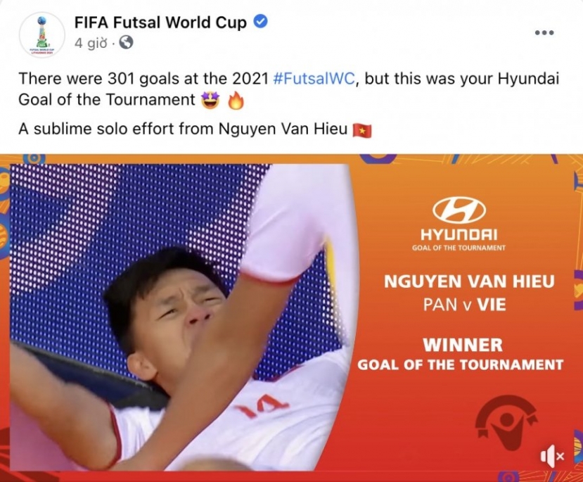 FIFA chúc mừng bàn thắng đẹp nhất giải đấu của Văn Hiếu - Ảnh: Facebook FIFA FIFA chúc mừng bàn thắng đẹp nhất giải đấu của Văn Hiếu - Ảnh: Facebook FIFA