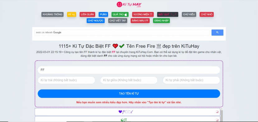 Kí tự FF đẹp - Cách tạo kí tự đặc biệt tại app KiTuHay - Ảnh 3 Kí tự FF đẹp - Cách tạo kí tự đặc biệt tại app KiTuHay - Ảnh 3