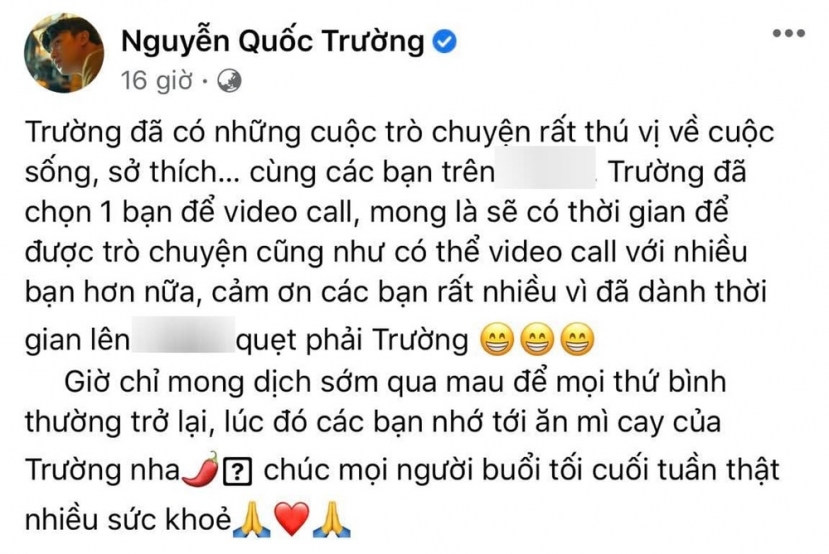 Bài viết mới nhất của Quốc Trường trên trang Facebook cá nhân đang rất ổn... Bài viết mới nhất của Quốc Trường trên trang Facebook cá nhân đang rất ổn...