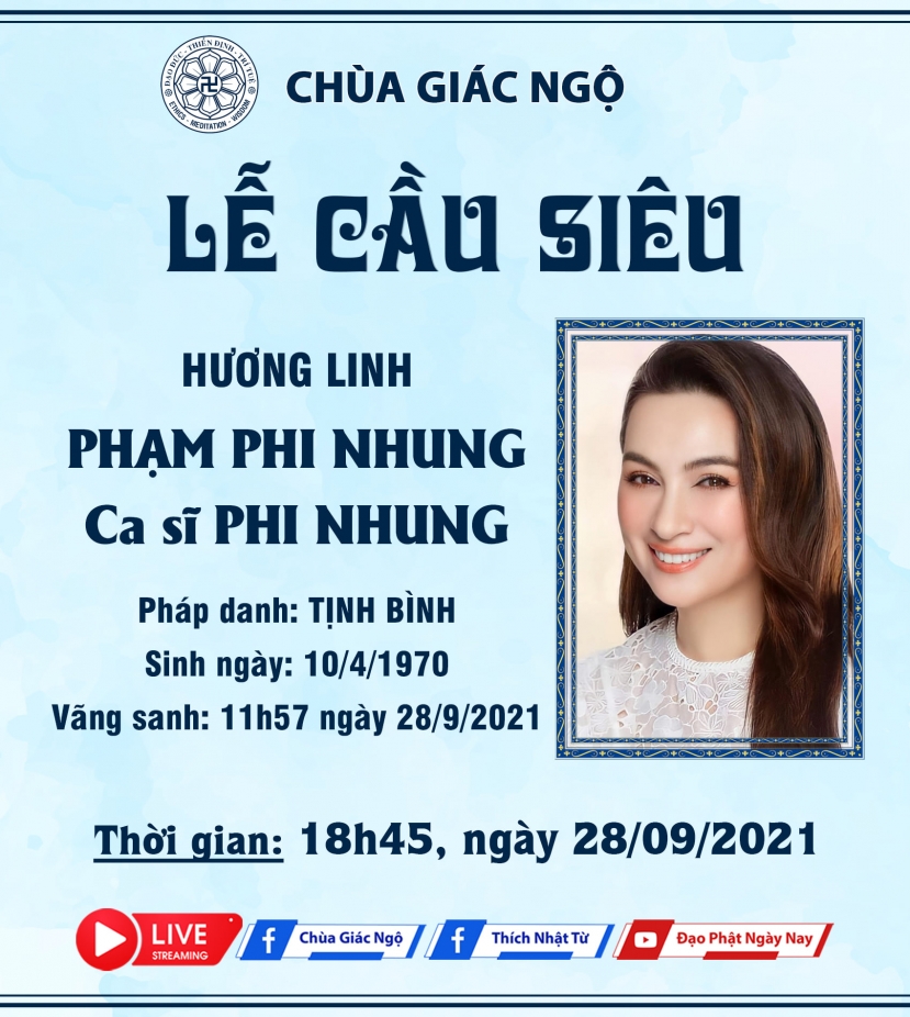 Lễ sẽ diễn ra vào lúc 18 giờ 45 phút ngày 28/9/2021 theo hình thức trực tuyến nhằm đảm bảo an toàn. Khán giả có thể truy cập vào đường dẫn YouTube hoặc Facebook của chùa Giác Ngộ Lễ sẽ diễn ra vào lúc 18 giờ 45 phút ngày 28/9/2021 theo hình thức trực tuyến nhằm đảm bảo an toàn. Khán giả có thể truy cập vào đường dẫn YouTube hoặc Facebook của chùa Giác Ngộ
