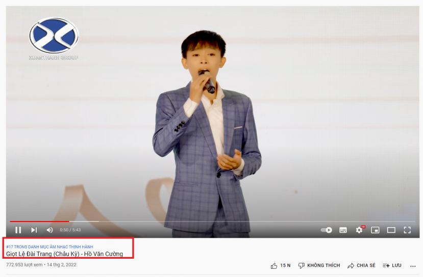 Ca khúc mới của Hồ Văn Cường xuất sắc lọt top thịnh hành trên nền tảng Youtube Ca khúc mới của Hồ Văn Cường xuất sắc lọt top thịnh hành trên nền tảng Youtube