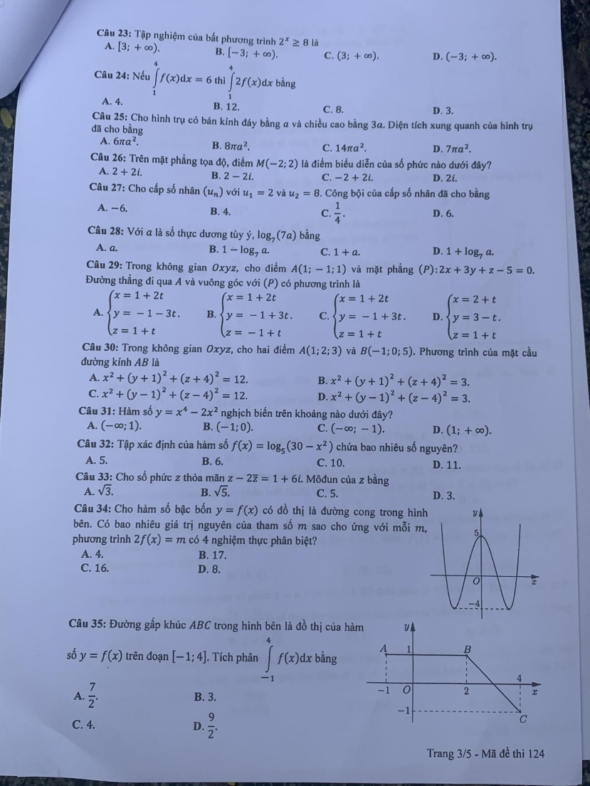 Đề thi môn Toán kỳ thi tốt nghiệp THPT 2023 tất cả các mã đề: Full 24 mã đề, cực nhanh - cực đầy đủ - Ảnh 21 Đề thi môn Toán kỳ thi tốt nghiệp THPT 2023 tất cả các mã đề: Full 24 mã đề, cực nhanh - cực đầy đủ - Ảnh 21