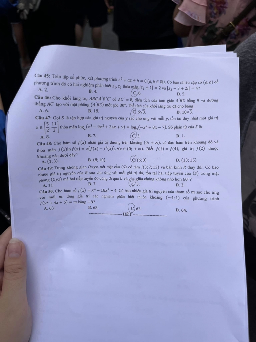 Đề thi môn Toán kỳ thi tốt nghiệp THPT 2023 tất cả các mã đề: Full 24 mã đề, cực nhanh - cực đầy đủ - Ảnh 10 Đề thi môn Toán kỳ thi tốt nghiệp THPT 2023 tất cả các mã đề: Full 24 mã đề, cực nhanh - cực đầy đủ - Ảnh 10