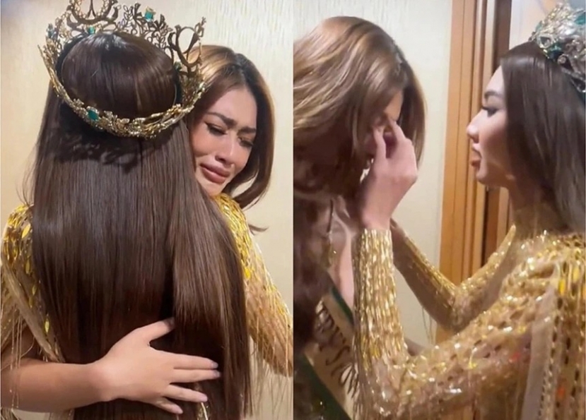 Thiên Ân ôm Hoa hậu Thùy Tiên trong hậu trường khi trượt khỏi top 10 Miss Grand International. Ảnh FB Thiên Ân ôm Hoa hậu Thùy Tiên trong hậu trường khi trượt khỏi top 10 Miss Grand International. Ảnh FB