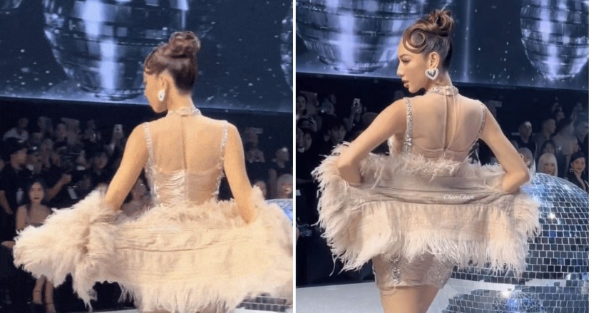 Thùy Tiên cũng từng mặc áo ngược trong một show thời trang. Thùy Tiên cũng từng mặc áo ngược trong một show thời trang.