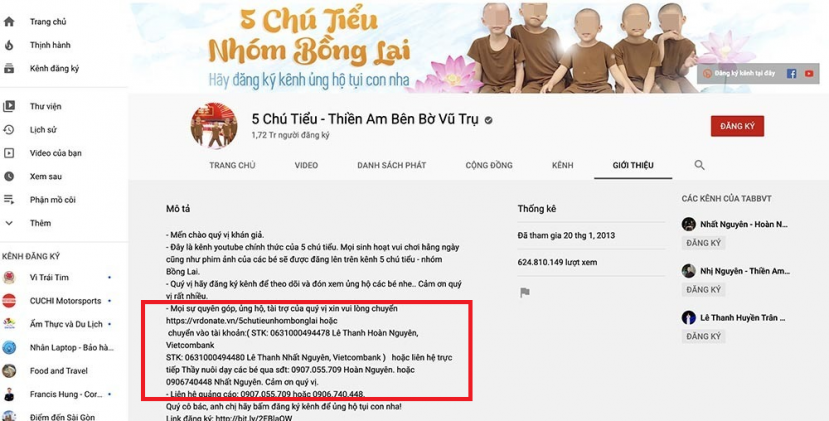 Nhóm người Tịnh Thất Bồng Lai đã lập kênh Youtube và không quên đính kèm các tài khoản ngân hàng ở phần mô tả Nhóm người Tịnh Thất Bồng Lai đã lập kênh Youtube và không quên đính kèm các tài khoản ngân hàng ở phần mô tả