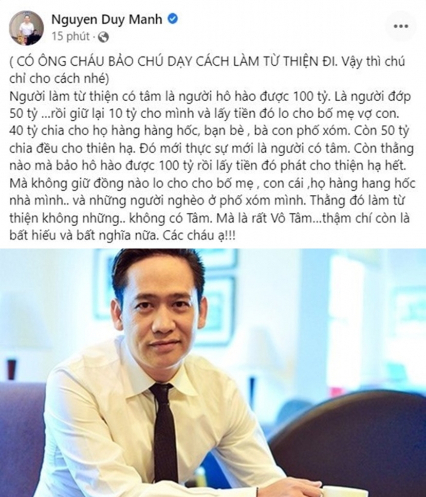 Duy Mạnh lại gây tranh cãi khi có chia sẻ cá nhân xoay quanh cách làm từ thiện Duy Mạnh lại gây tranh cãi khi có chia sẻ cá nhân xoay quanh cách làm từ thiện