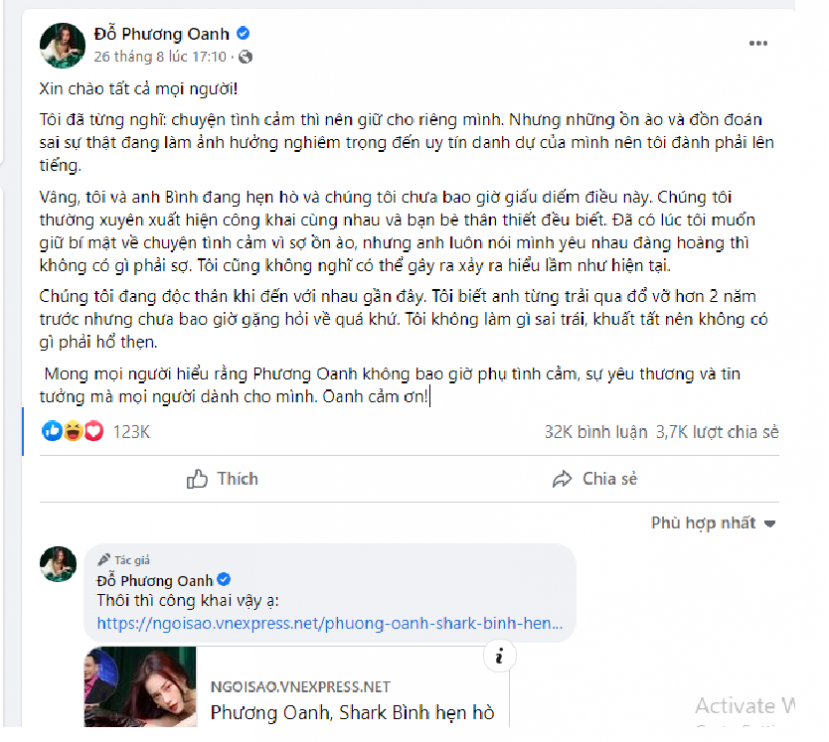 Lượt tương tác khủng của bài viết Phương Oanh công khai hẹn hò với Shark Bình Lượt tương tác khủng của bài viết Phương Oanh công khai hẹn hò với Shark Bình