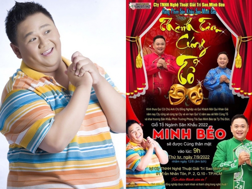Minh Béo phát thông báo chương trình Cúng Tổ Ngành Sân Khấu Minh Béo phát thông báo chương trình Cúng Tổ Ngành Sân Khấu