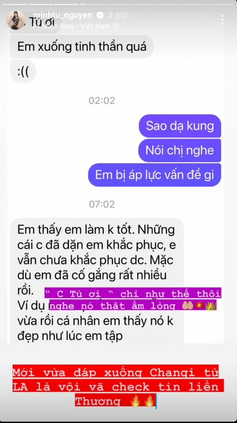 Thiên Ân chia sẻ với Minh Tú về áp lực gặp phải sau phần thi swimsuit. Ảnh: Internet Thiên Ân chia sẻ với Minh Tú về áp lực gặp phải sau phần thi swimsuit. Ảnh: Internet