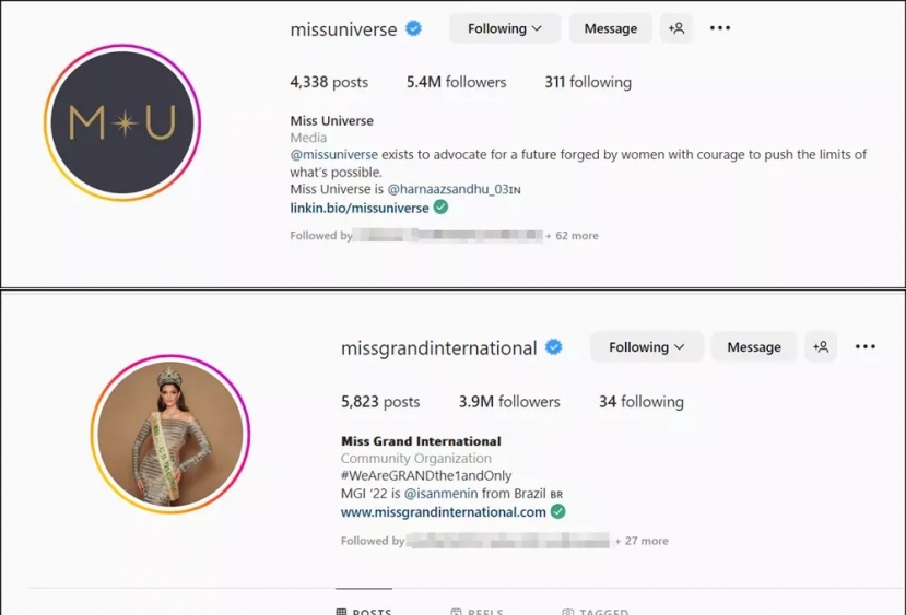 Lượng người theo trên Instagram của Miss Universe vượt xa Miss Grand International Lượng người theo trên Instagram của Miss Universe vượt xa Miss Grand International