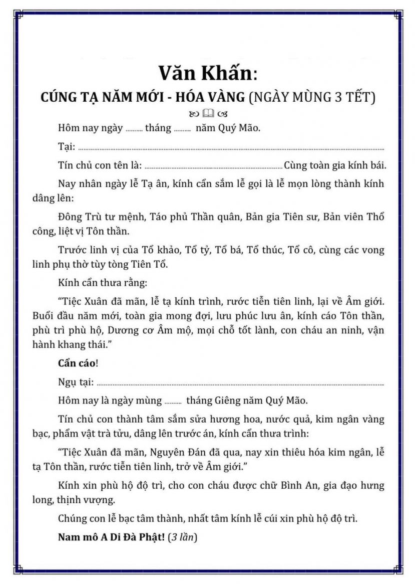 Văn khấn tạ năm mới - hóa vàng tết Quý Mão 2023 - ngày mùng 3 tết Văn khấn tạ năm mới - hóa vàng tết Quý Mão 2023 - ngày mùng 3 tết