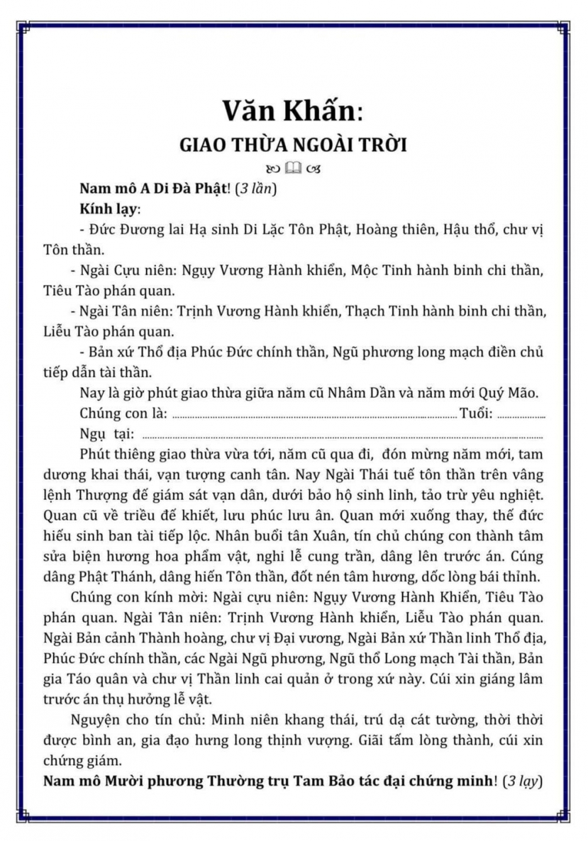 Văn khấn giao thừa ngoài trời tết Quý Mão 2023 Văn khấn giao thừa ngoài trời tết Quý Mão 2023