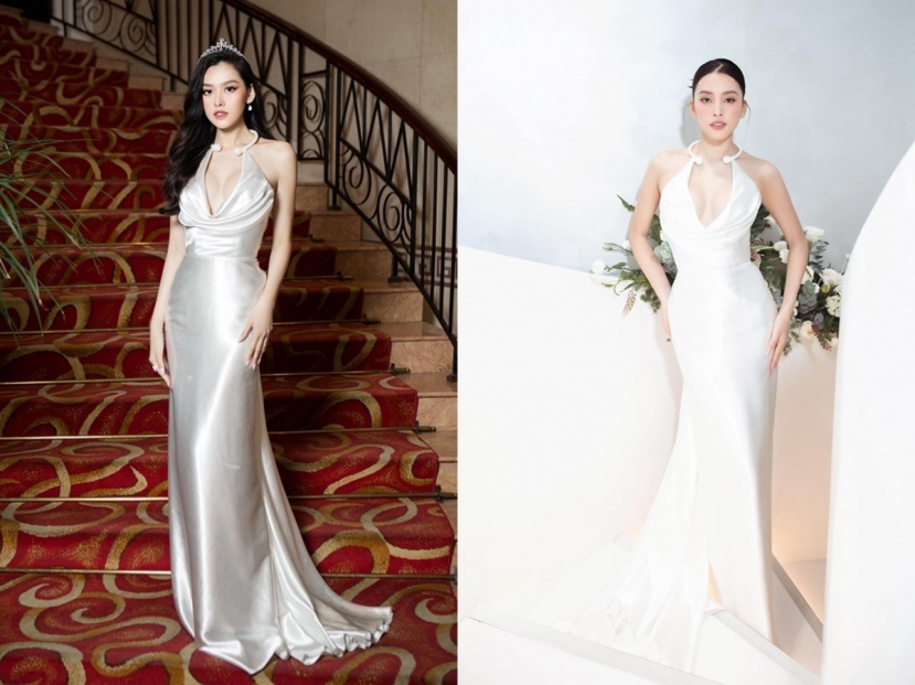 Tiểu Vy - Tường San cũng từng 'đụng độ' thiết kế váy xẻ ngực này Tiểu Vy - Tường San cũng từng 'đụng độ' thiết kế váy xẻ ngực này